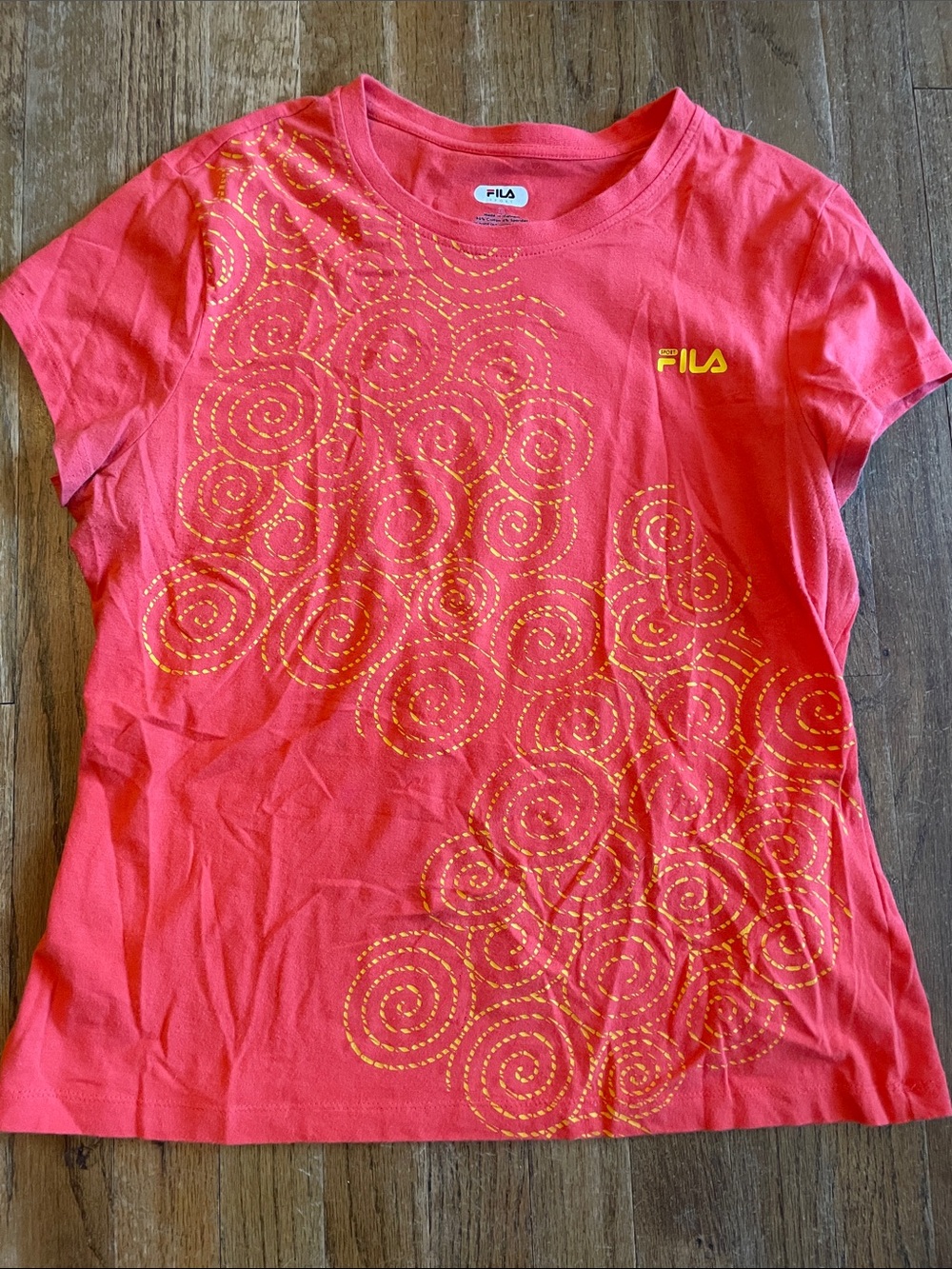 Fila XL Coral Pink Tee with Yellow Swirl Graphic